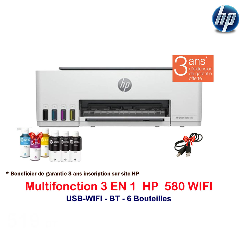 Imprimante HP 580 Smart Tank COULEUR 3EN1 / WIFI + 4Bouteilles d'encre HP 